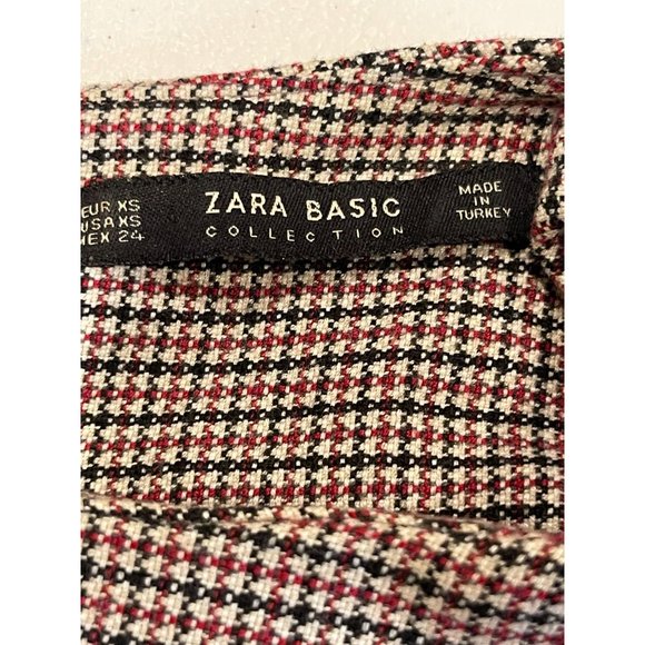 Zara Basic Womens Shift Mini Dress Hounds tooth Ruffle Long Sleeve Red Black XS - Picture 8 of 10